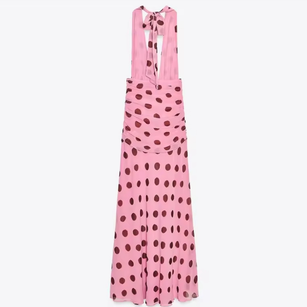 Polka Dot Printing Halter Maxi Dress WomenElegant Sleeveless Backless Skinny - Picture 9 of 10